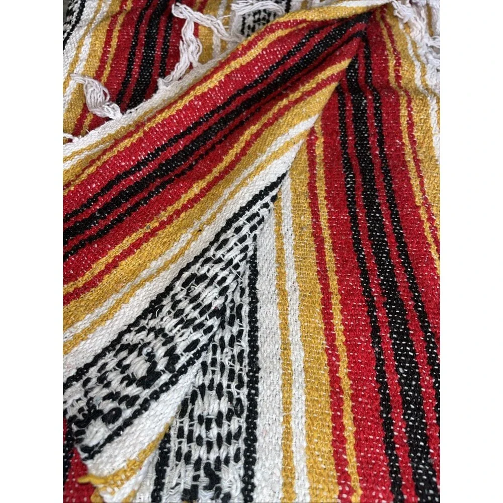 Red  Yellow Black Stripe  Rug Throw Blanket With Fringe Mexico 48 X 70
